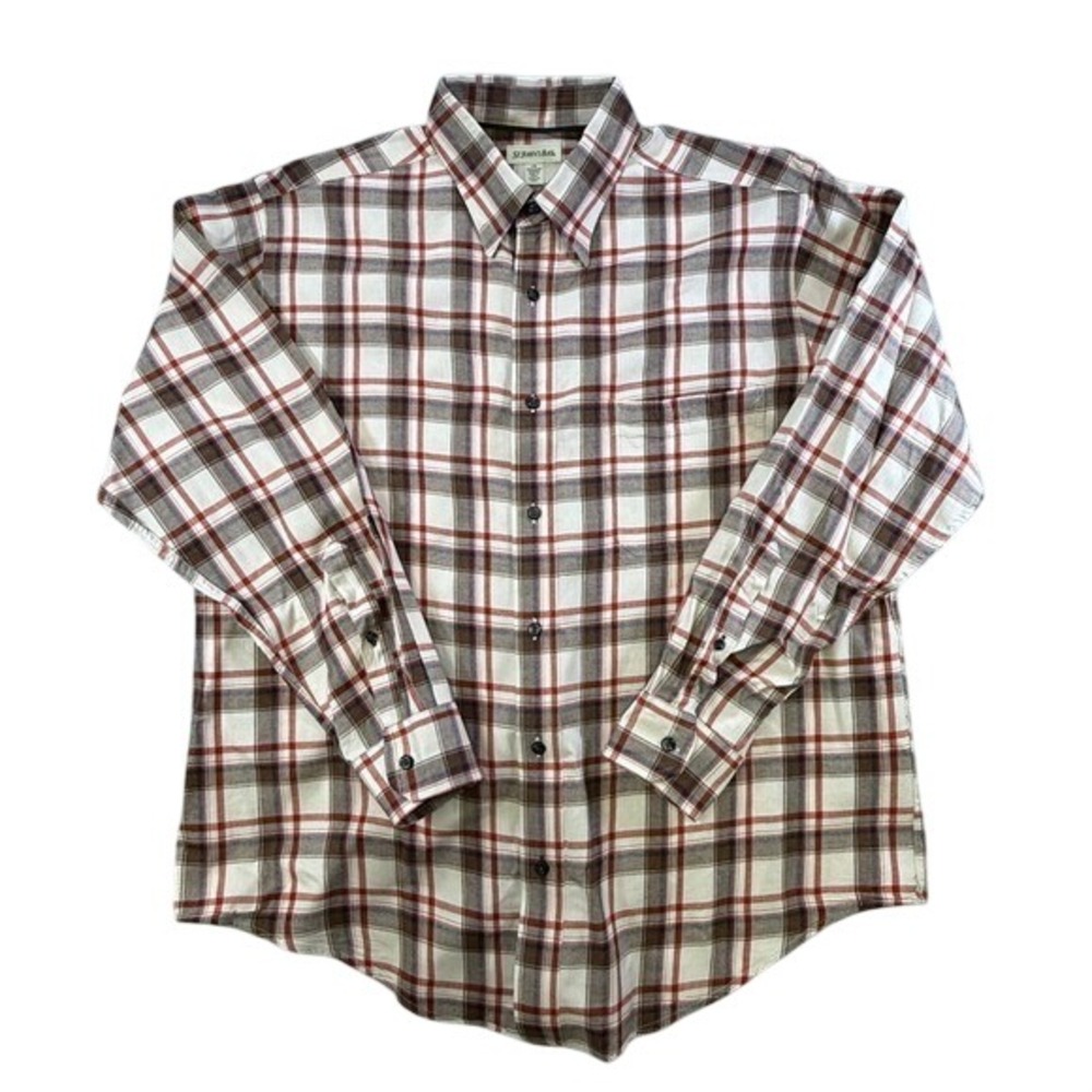 St‎ Johns Bay Mens Large Plaid Button Down Shirt Brown Red Cotton Herringbone